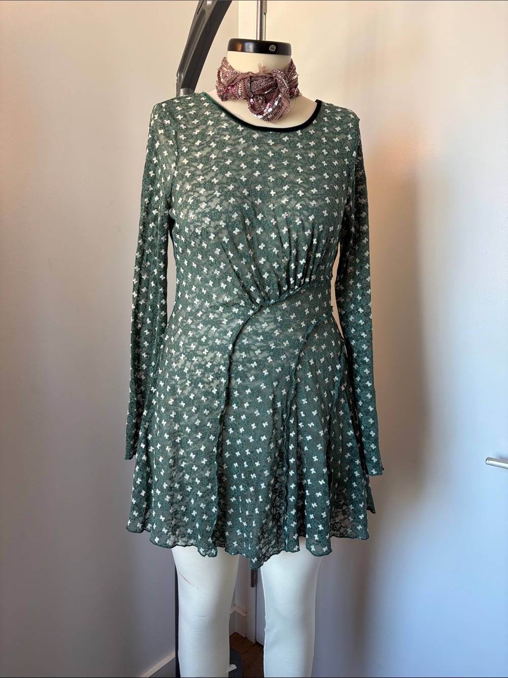 Free People Olive Green Long-Sleeve Printed Fit-&-Flare Dress